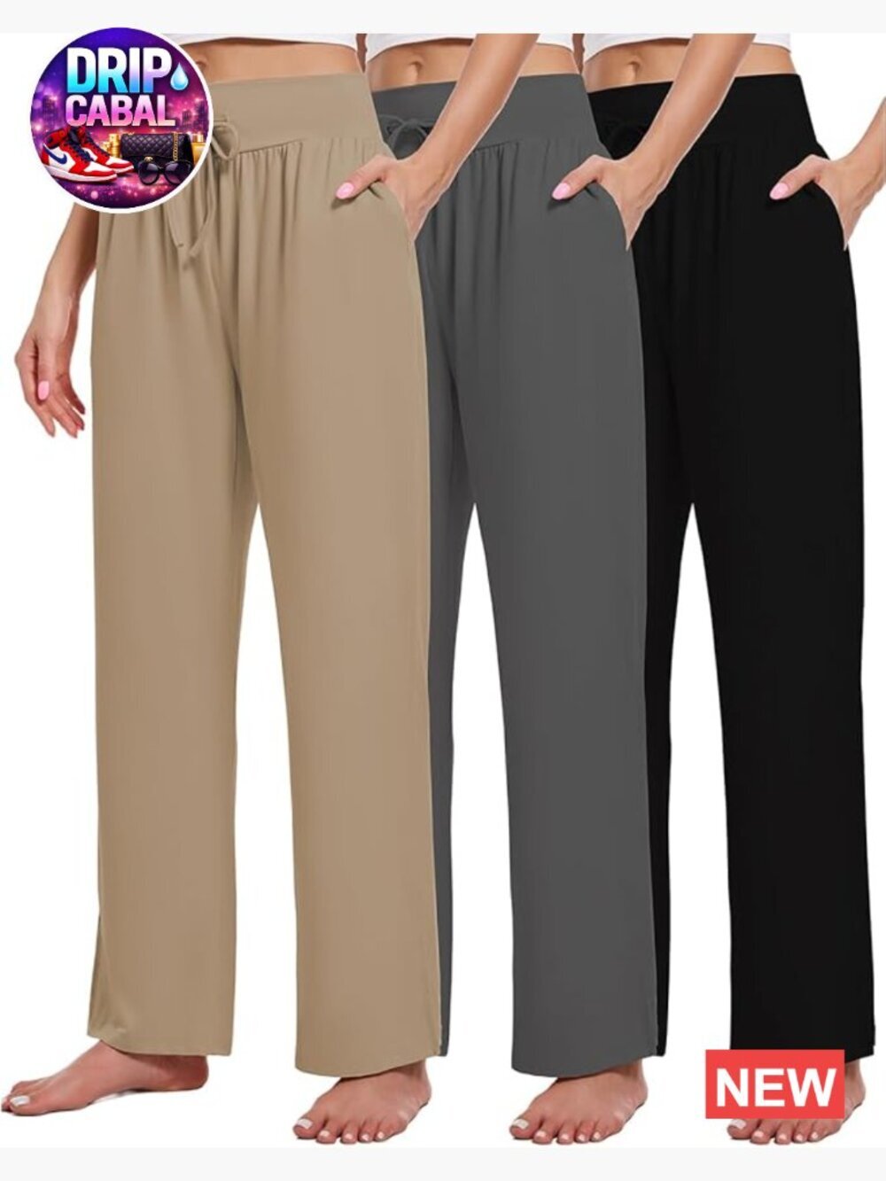 Wide Leg Lounge Pants with Pockets High Waisted Drawstring Yoga Jogger 3 Pack
